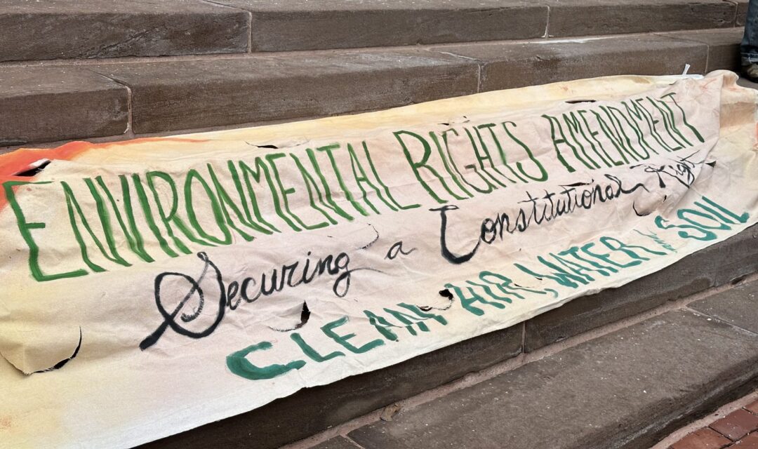 Banner for the CT Environmental Rights Amendment on the steps of the Old State House. Photo by Jan Ellen Spiegel.